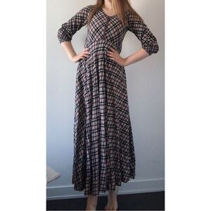 Modest maxi dress plaid check long boho bohemian outfit Victorian retro steam XS